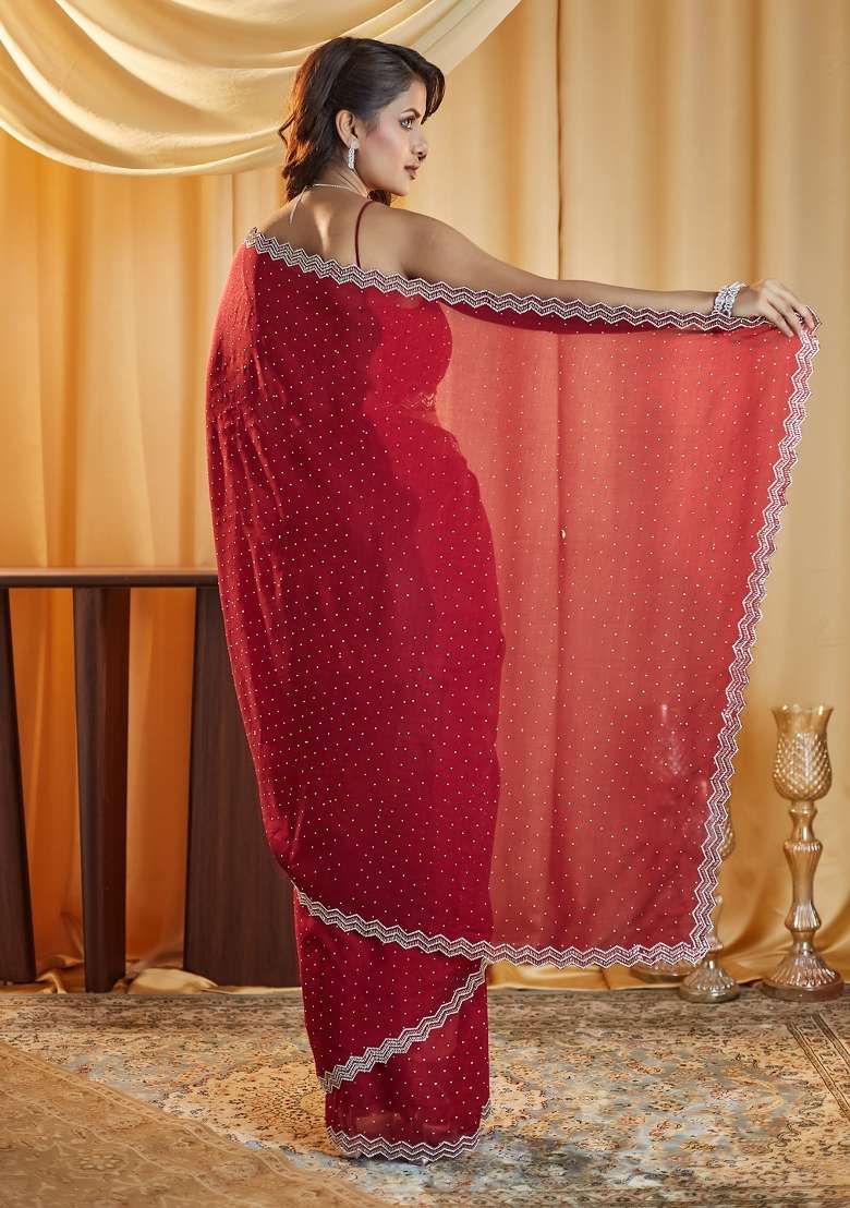 Maroon Embellished Silk Saree Set - Indya