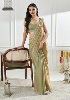Pista Green Beads And Stone Silk Saree Set