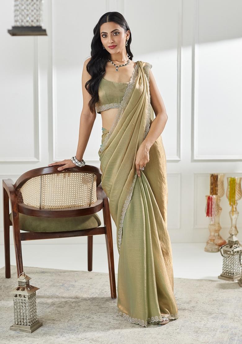 Pista Green Beads And Stone Silk Saree Set