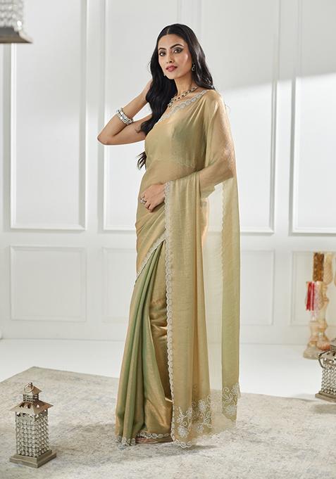 Pista Green Beads And Stone Silk Saree Set