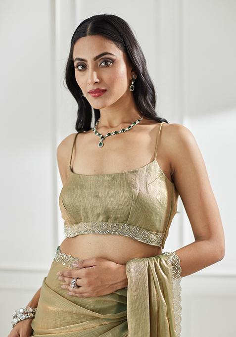 Pista Green Beads And Stone Silk Saree Set