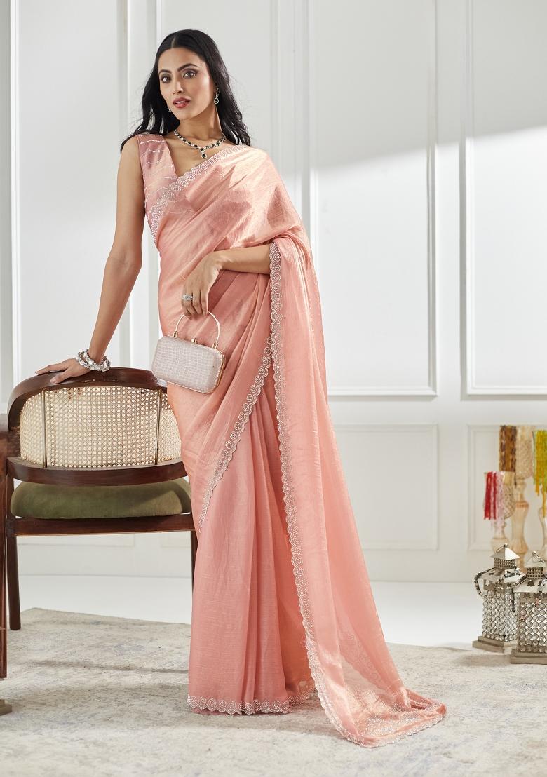 Pink Beads And Stone Silk Saree Set
