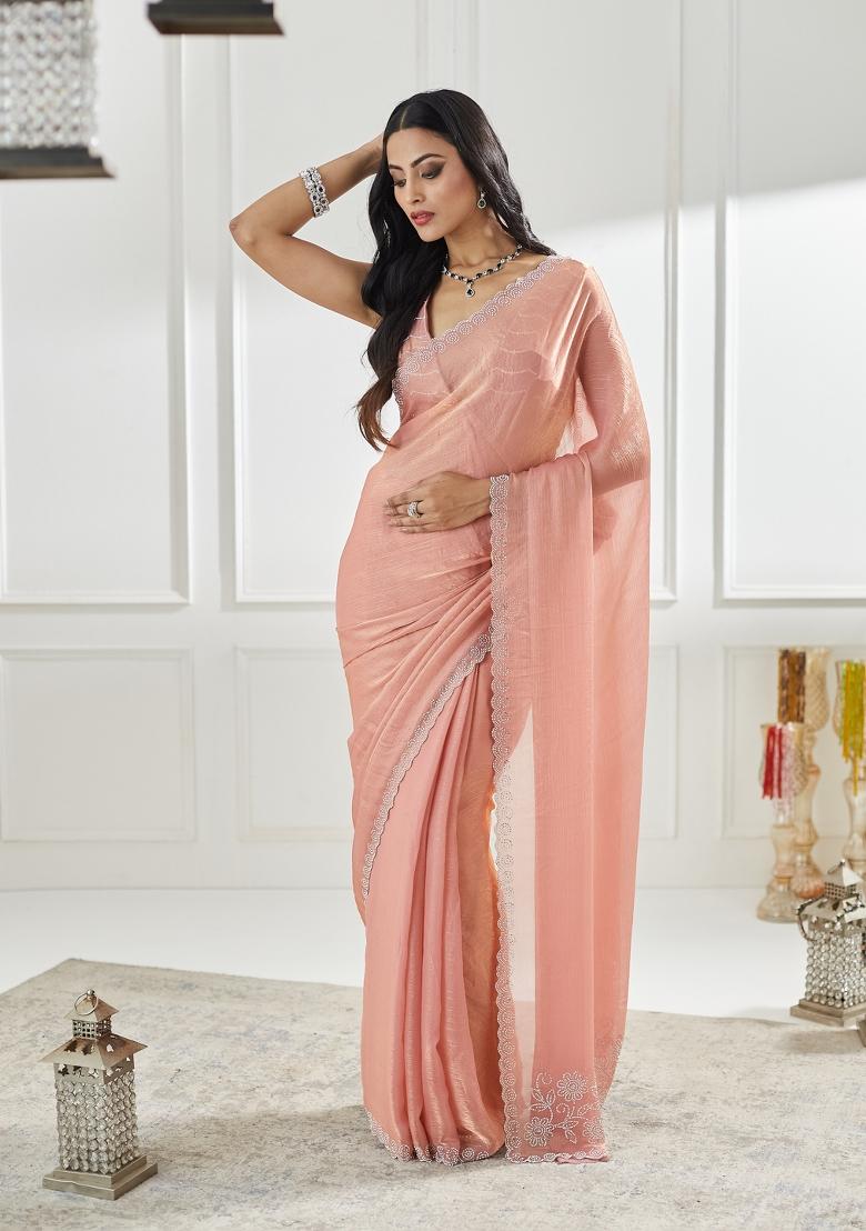 Pink Beads And Stone Silk Saree Set