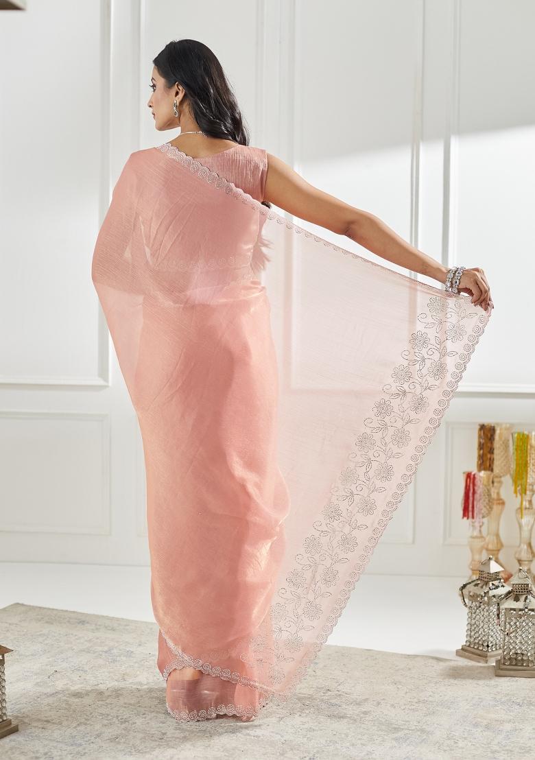 Pink Beads And Stone Silk Saree Set