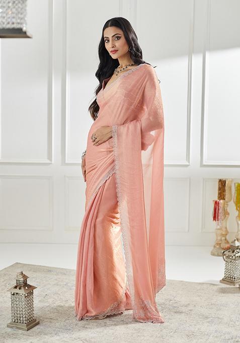 Pink Beads And Stone Silk Saree Set