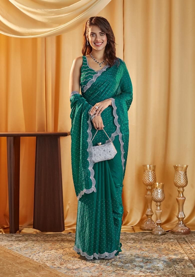 Teal Blue Beads And Stone Silk Saree Set