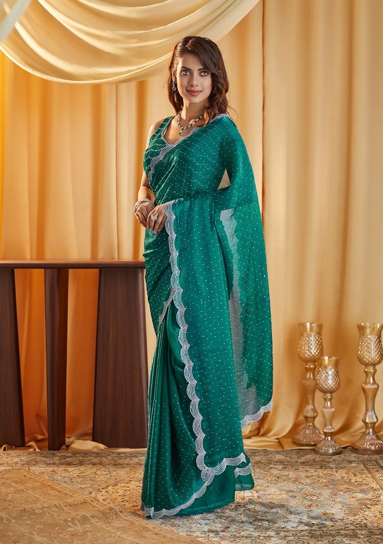 Teal Blue Beads And Stone Silk Saree Set