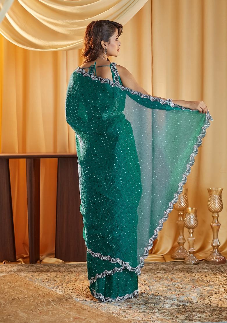 Teal Blue Beads And Stone Silk Saree Set