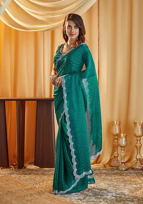 Teal Blue Beads And Stone Silk Saree Set