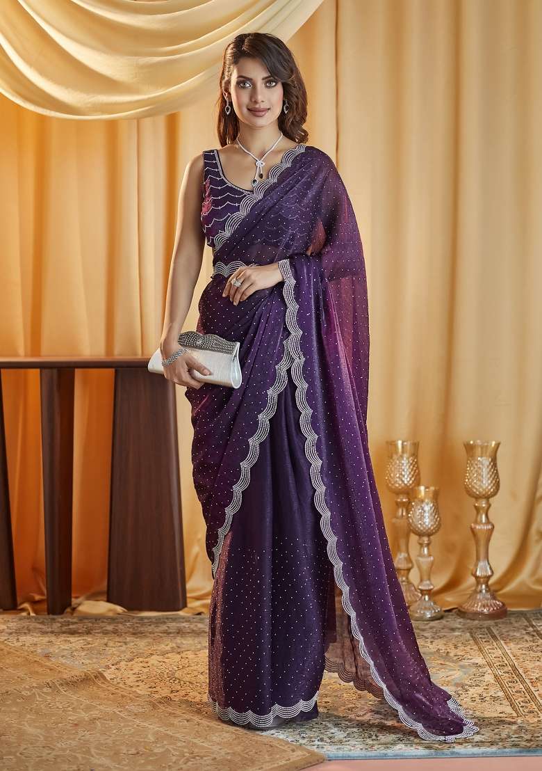 Magenta Pink Beads And Stone Silk Saree Set - Indya