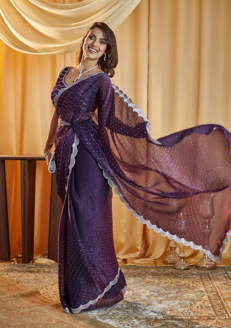 Magenta Pink Beads And Stone Silk Saree Set - Indya