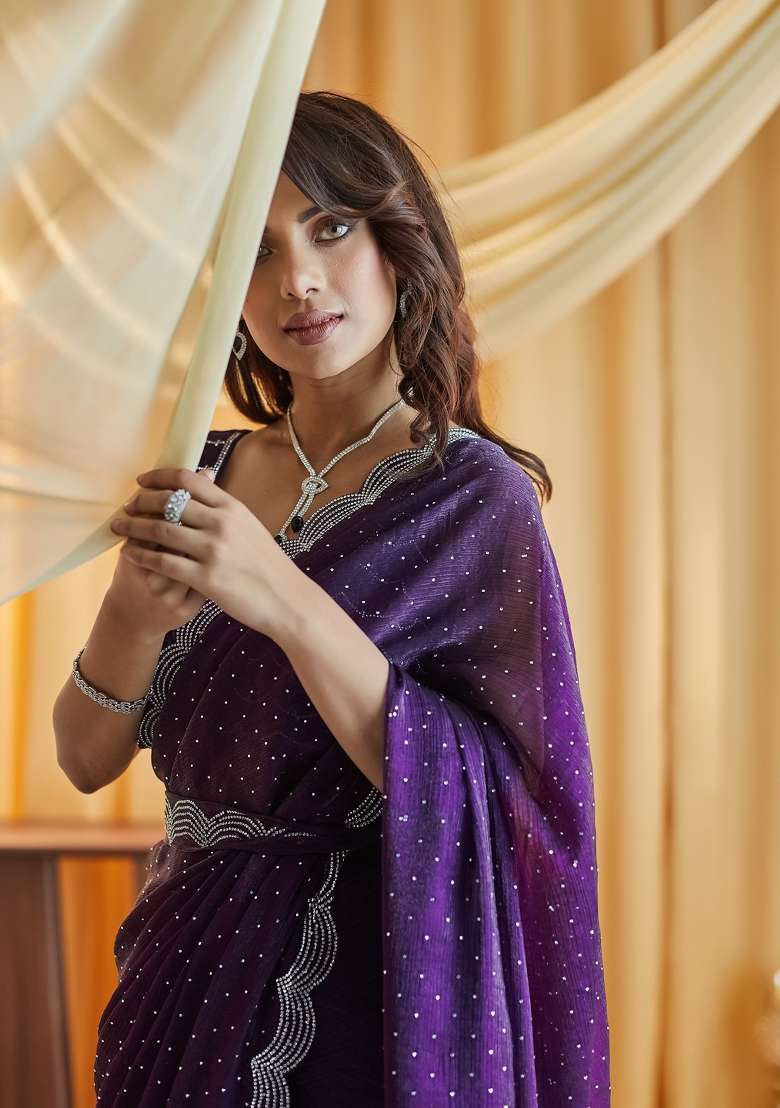 Magenta Pink Beads And Stone Silk Saree Set - Indya