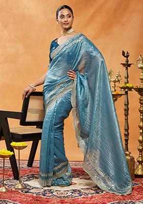 Teal Blue Sequin Embroidered Organza Saree Set
