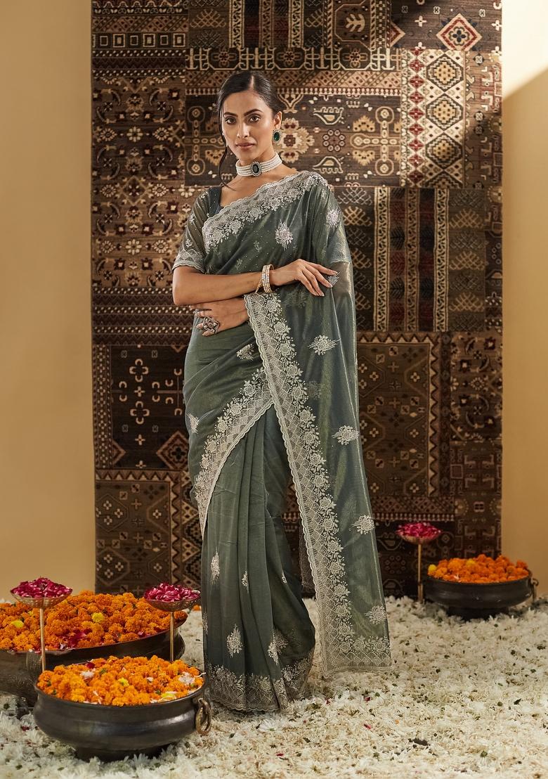 Mehendi Green Beads And Stone Net Saree Set