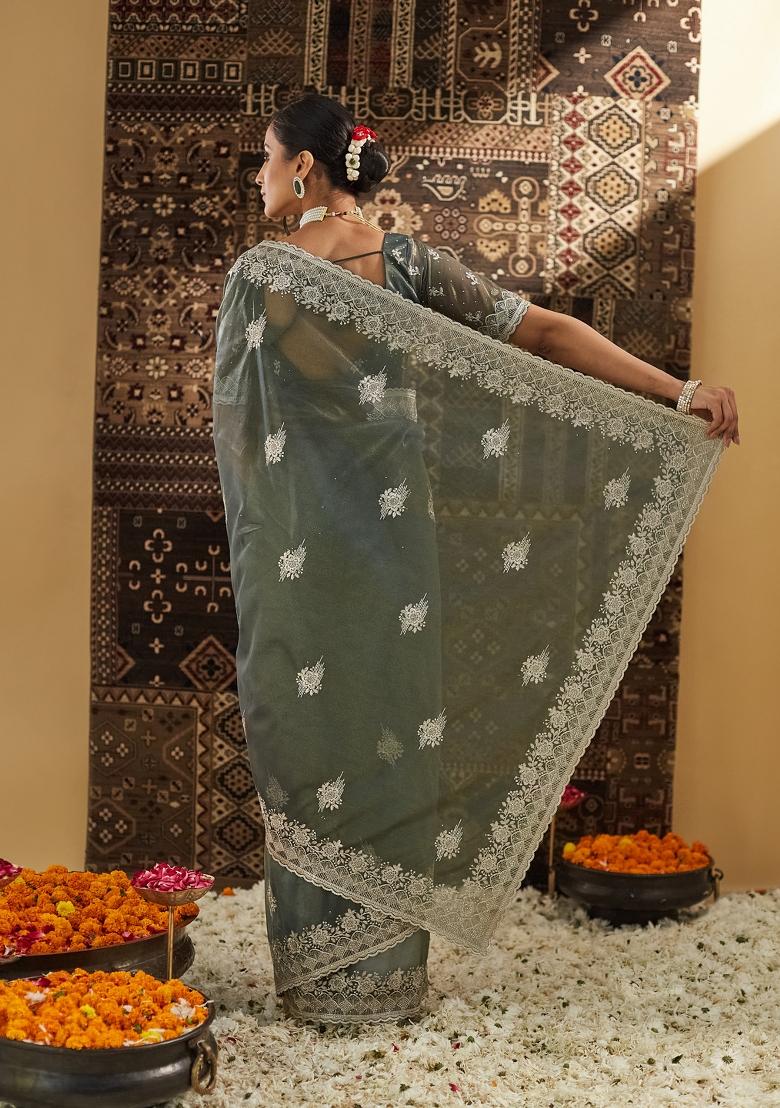 Mehendi Green Beads And Stone Net Saree Set