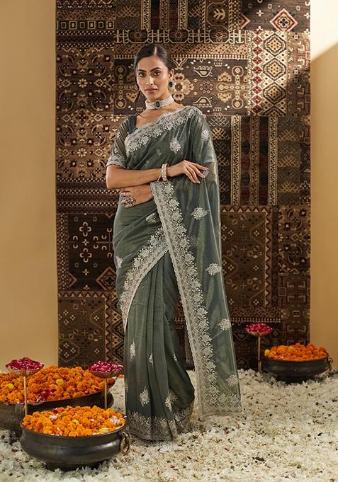 Mehendi Green Beads And Stone Net Saree Set