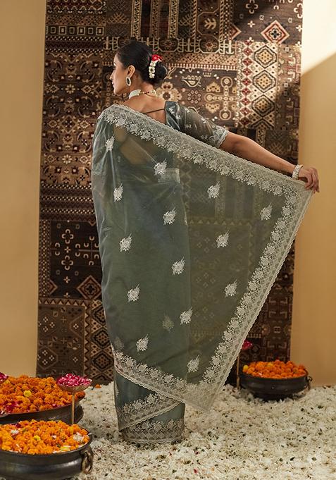 Mehendi Green Beads And Stone Net Saree Set