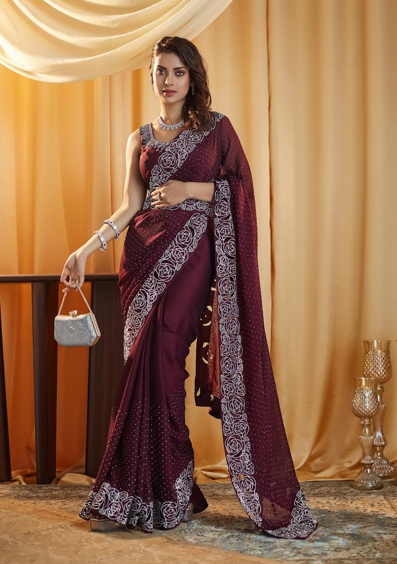 Wine Beads And Stone Silk Saree Set