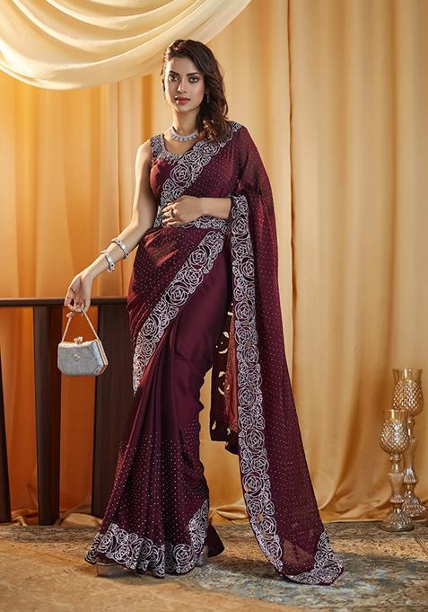 Wine Beads And Stone Silk Saree Set