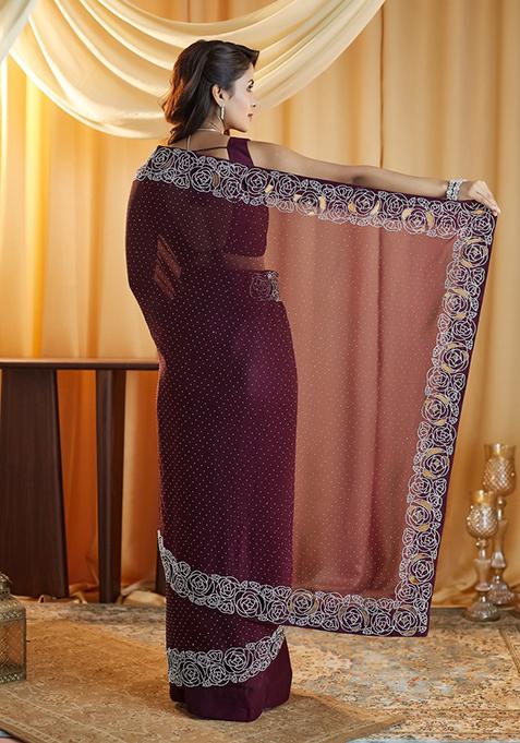 Wine Beads And Stone Silk Saree Set
