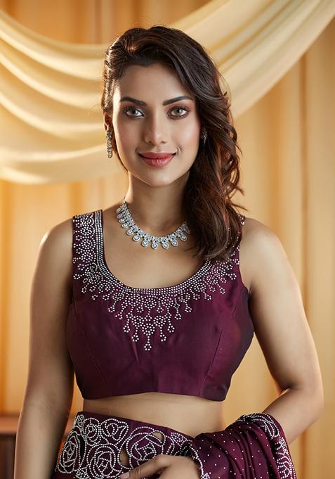 Wine Beads And Stone Silk Saree Set