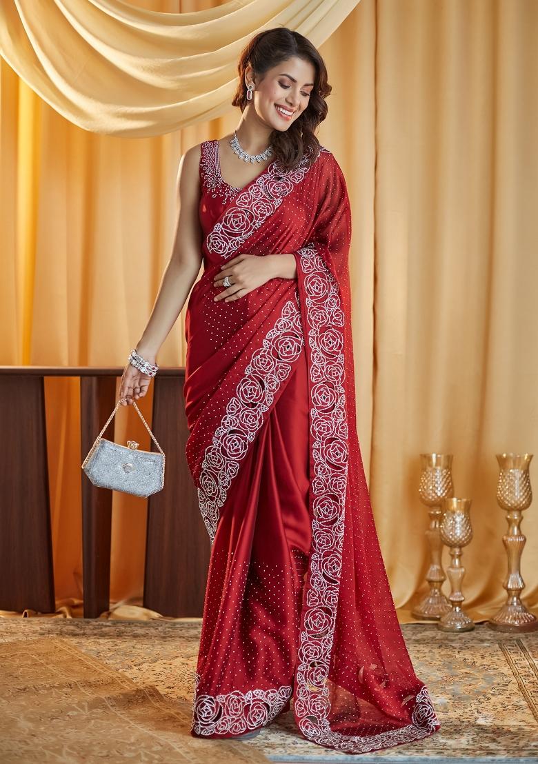 Maroon Beads And Stone Silk Saree Set