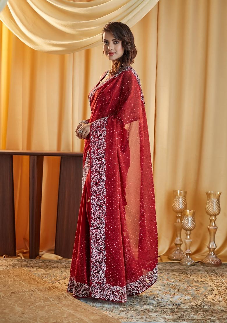 Maroon Beads And Stone Silk Saree Set