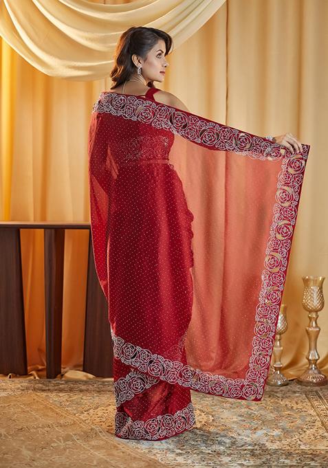 Maroon Beads And Stone Silk Saree Set