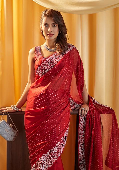 Maroon Beads And Stone Silk Saree Set