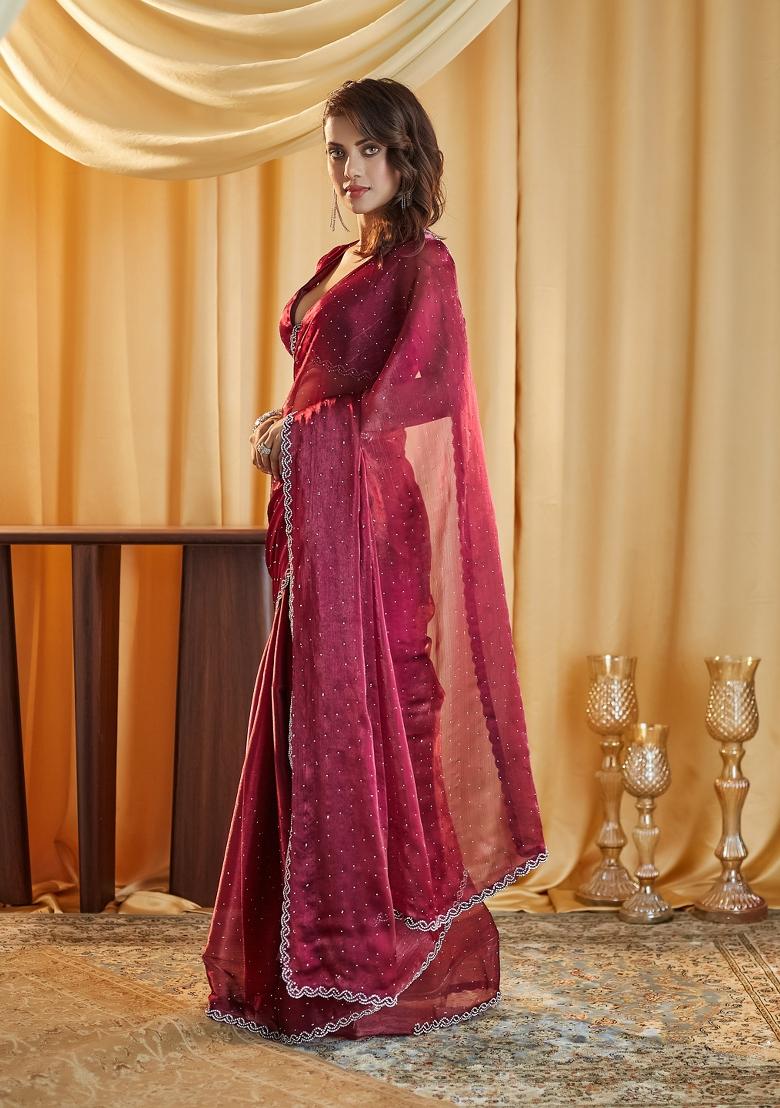 Rani Pink Beads And Stone Silk Saree Set