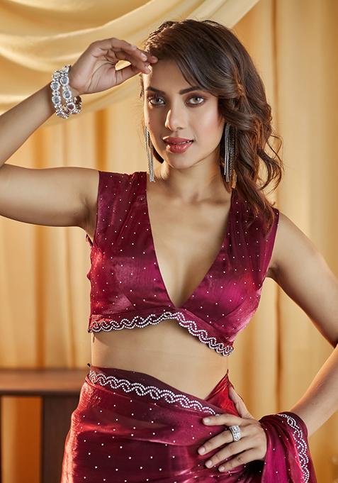 Rani Pink Beads And Stone Silk Saree Set