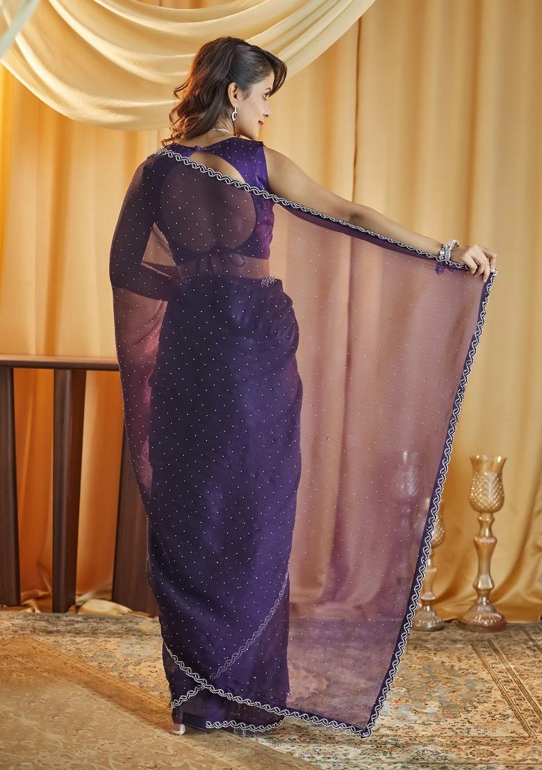 Magenta Pink Beads And Stone Silk Saree Set