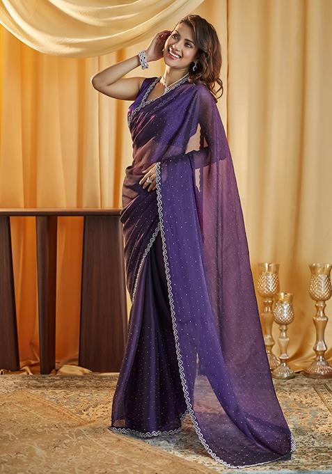 Magenta Pink Beads And Stone Silk Saree Set