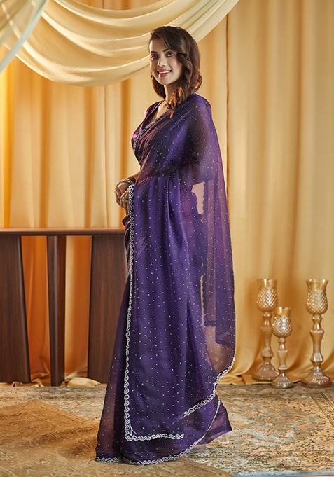 Magenta Pink Beads And Stone Silk Saree Set