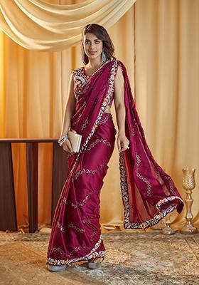 Wine Sequin Embroidered Silk Saree Set