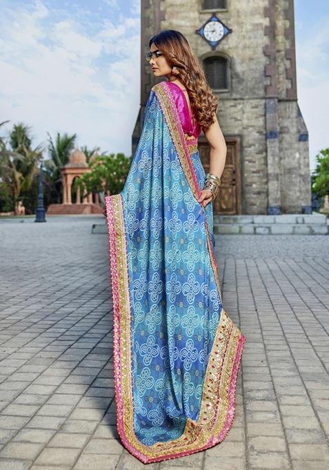 Blue And Pink Embellished Chiffon Saree Set