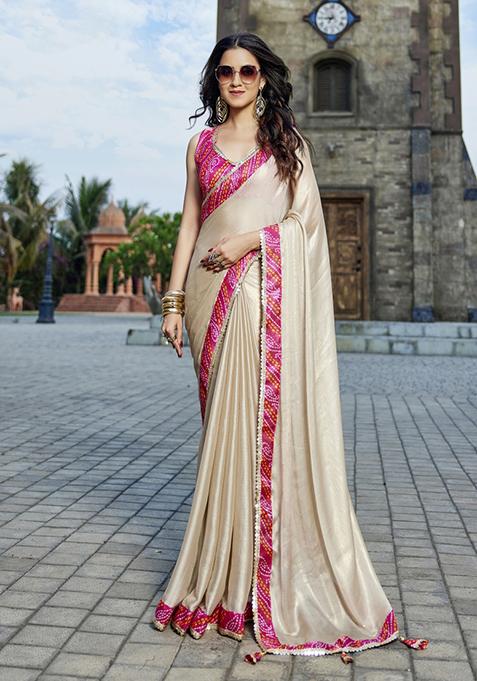 Beige And Pink Embroidered Georgette Saree Set