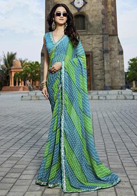Light Blue And Light Green Embroidered Georgette Saree Set