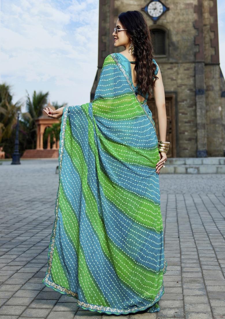 Light Blue And Light Green Embroidered Georgette Saree Set