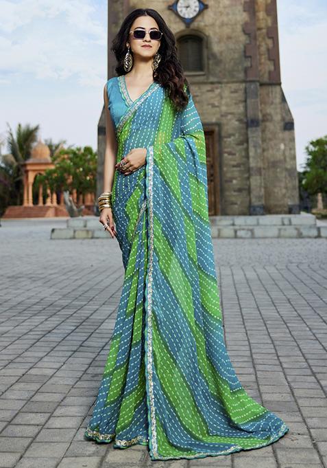 Light Blue And Light Green Embroidered Georgette Saree Set