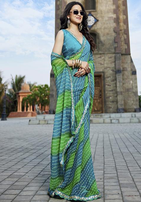 Light Blue And Light Green Embroidered Georgette Saree Set