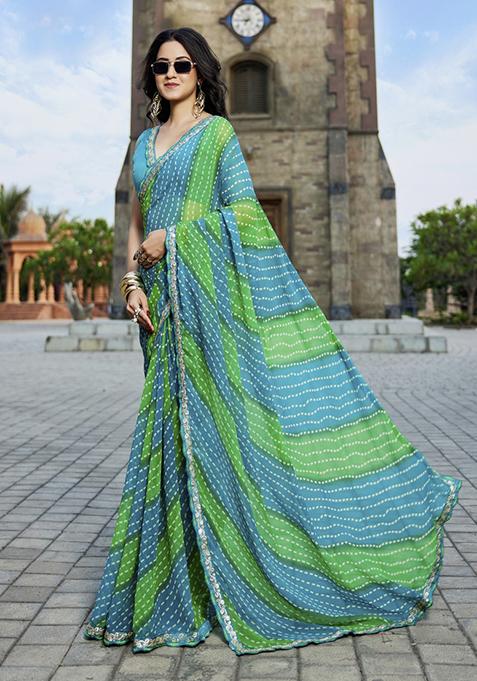 Light Blue And Light Green Embroidered Georgette Saree Set