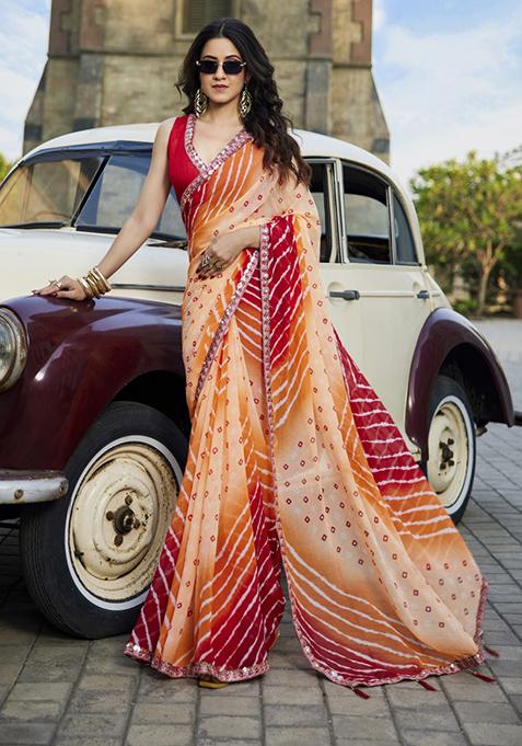 Orange And Red Embroidered Georgette Saree Set