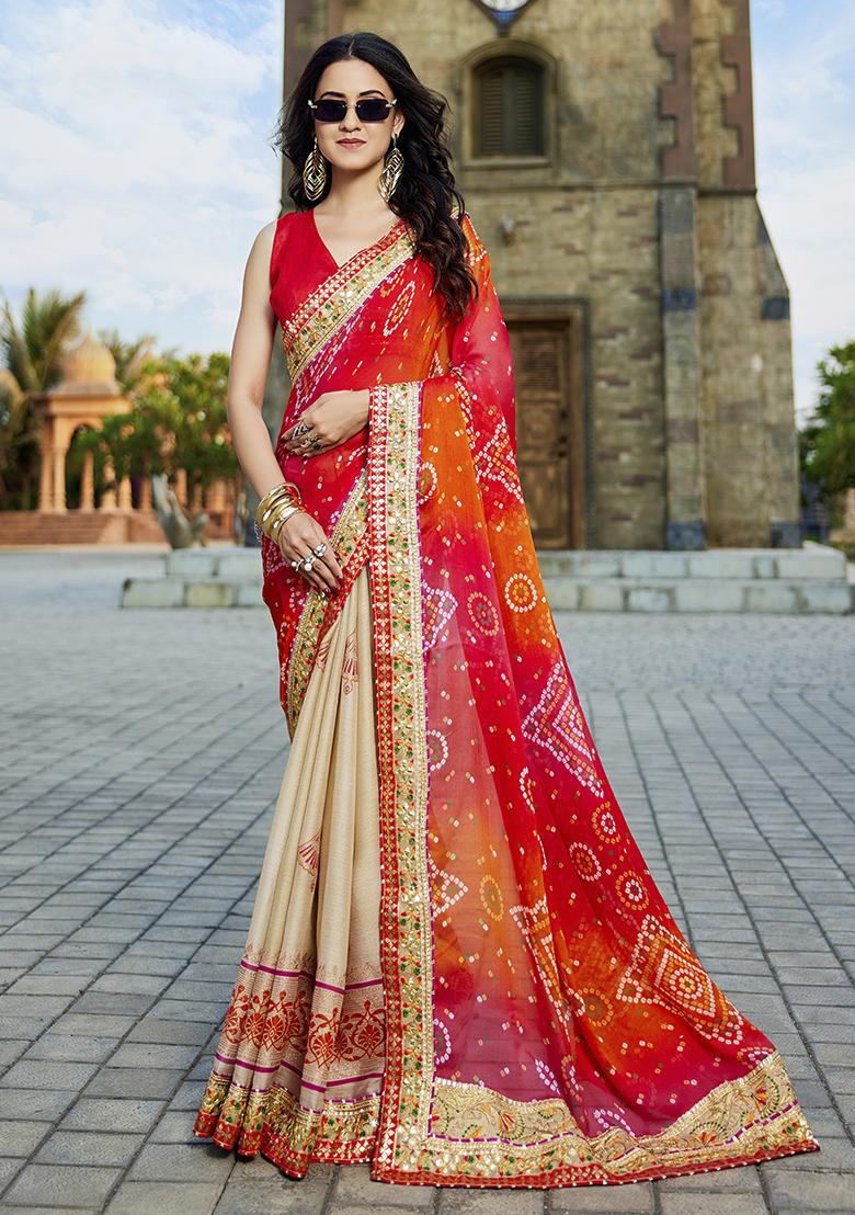 Red And Beige Embellished Chiffon Saree Set
