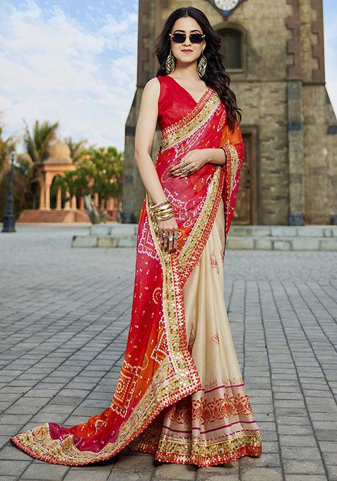 Red And Beige Embellished Chiffon Saree Set