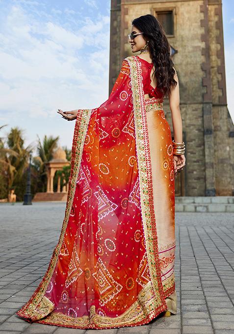 Red And Beige Embellished Chiffon Saree Set