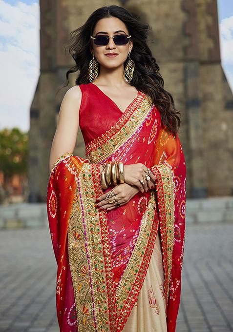 Red And Beige Embellished Chiffon Saree Set