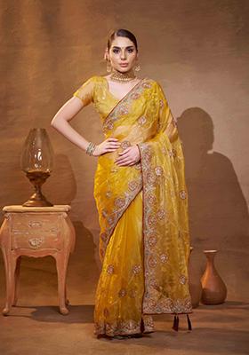 Yellow And Gold Embroidered Organza Saree Set