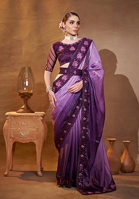 Purple Embroidered Jacquard Saree Set