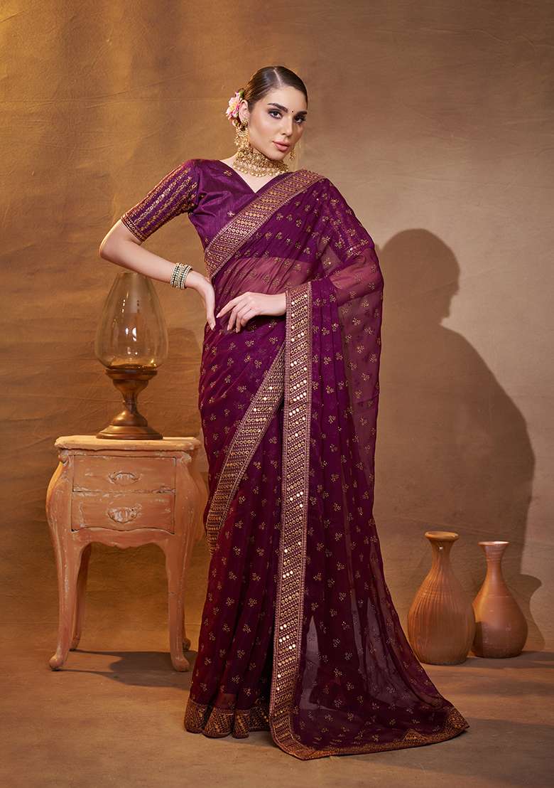 Purple Embroidered Chiffon Saree Set - Indya